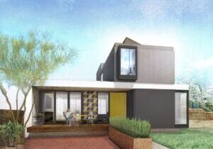 Maison modulaire contemporaine avec terrasse extérieure, grandes fenêtres et jardin paysager à l'avant.